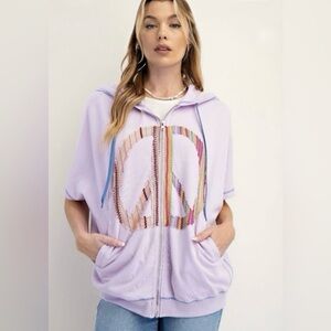 Easel Peace Sign Patchwork Lavender Zip Up Hoodie w/Pockets Boho Size 1X NWT